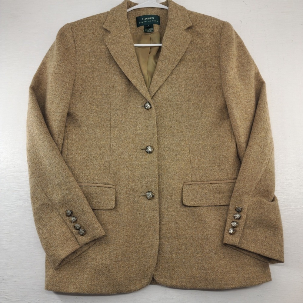 Lauren Ralph Lauren 8 | Tan Wool Tweed Crest Button Blazer Jacket Womens - Picture 3 of 6